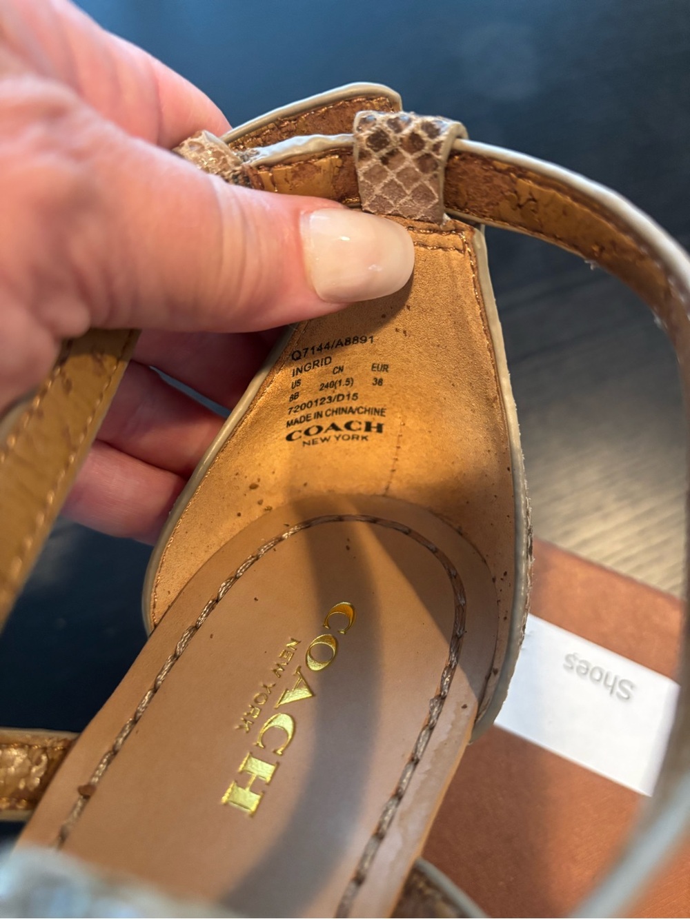 Coach Ingrid Tan Snakeskin-Print Thong Wedge Sandals with Gold Turnlock - Picture 4 of 9